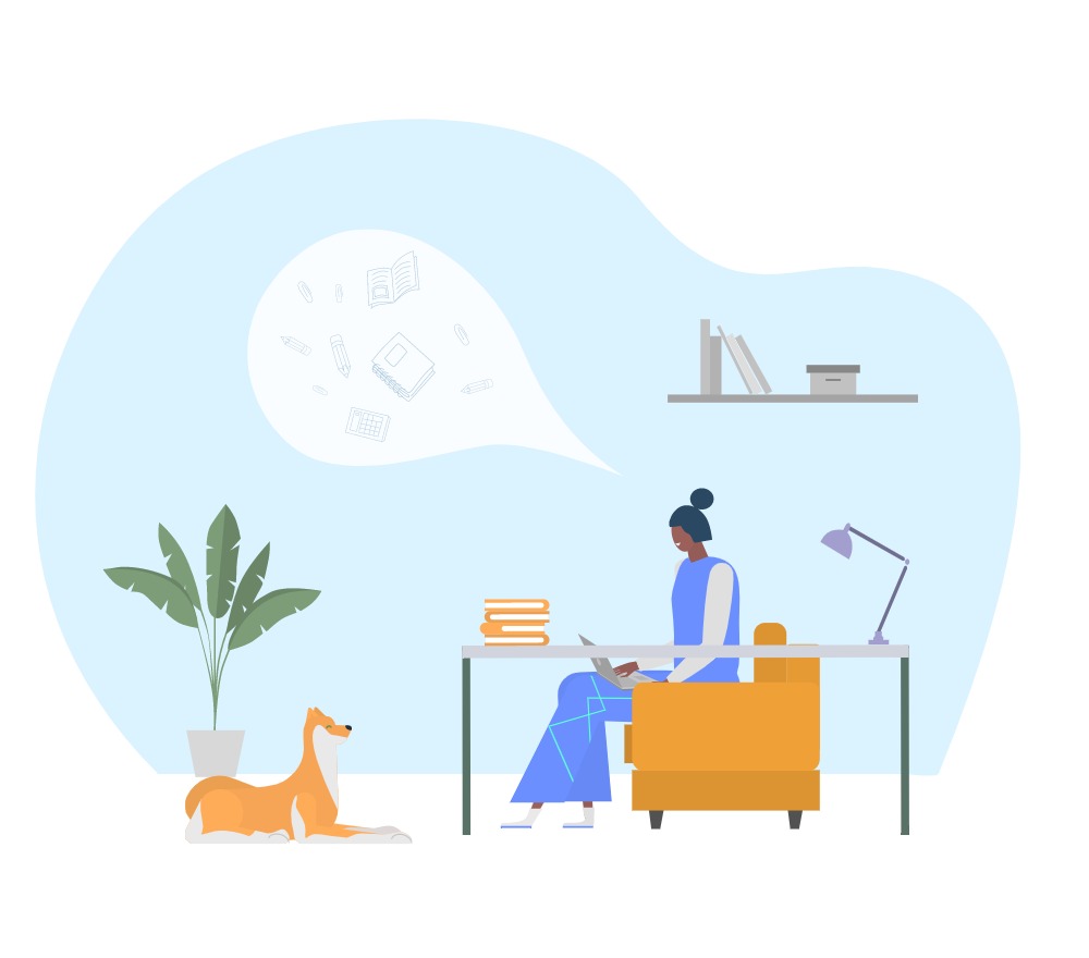 Cartoon Scene of a woman at her desk working on a laptop with dog watching